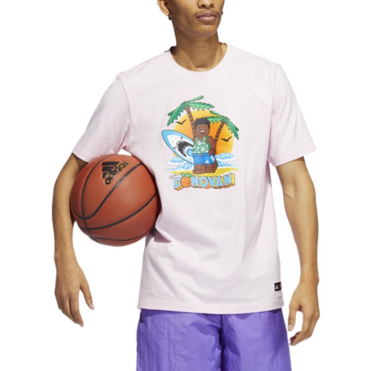 Men's adidas Logo Cartoon Character Printing Ribbed Round Neck Basketball Training Short Sleeve Pink T-Shirt HE0869
