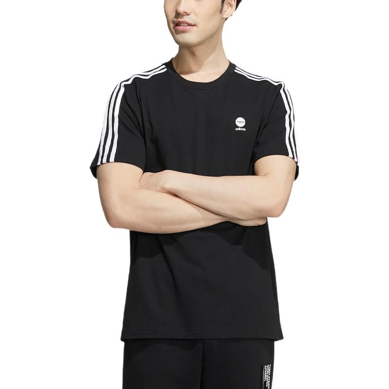 adidas neo Solid Color Logo Stripe Sports Short Sleeve Black HD4666