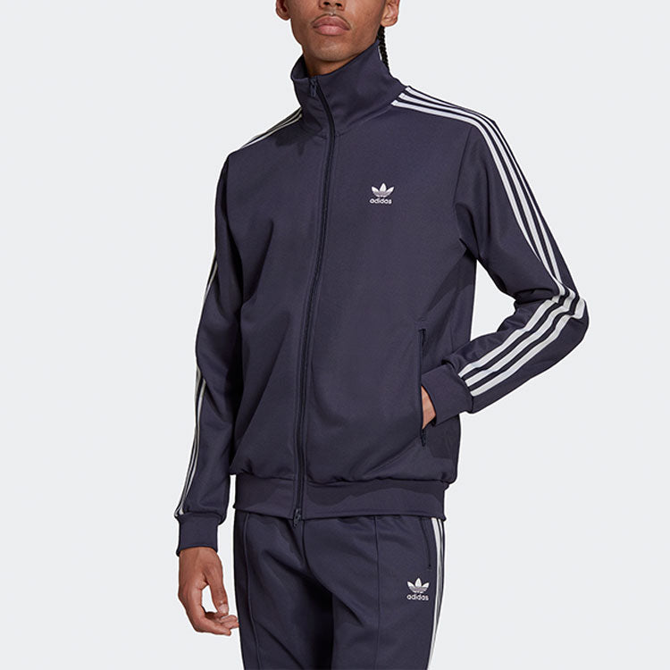 Men's adidas originals Stripe Printing Stand Collar Sports Jacket Dark Grey Navy Blue HB9445