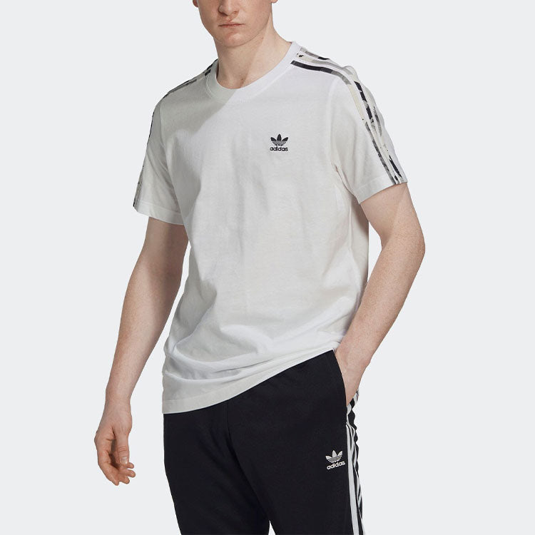 Men's adidas Logo Embroidered Stripe Round Neck Sports Short Sleeve White T-Shirt HK2798
