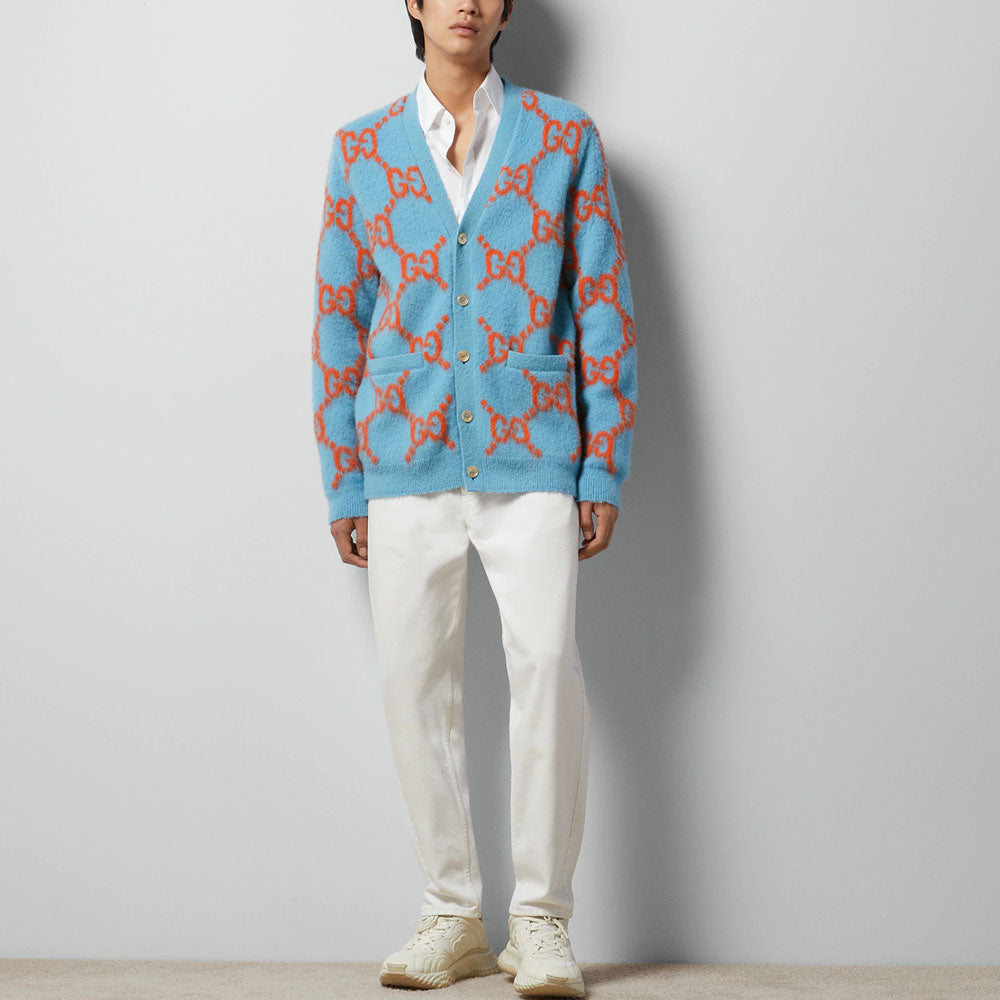 Gucci Wool Cardigan With GG Intarsia 'Light Blue Orange' 764738-XKDPB-4001