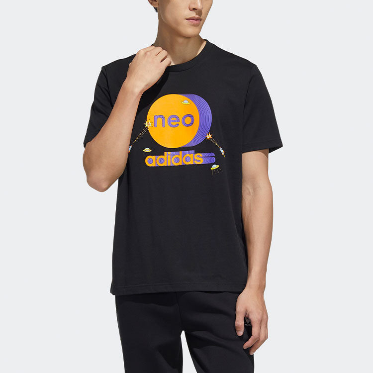Men's adidas neo Colorblock Pattern Ribbed Round Neck Cotton Short Sleeve Black T-Shirt HC9697