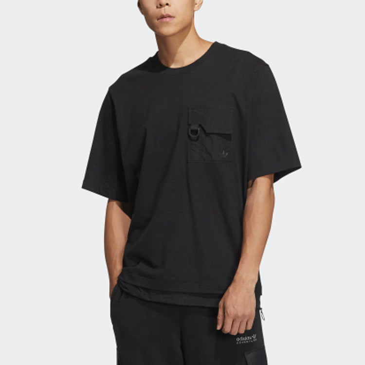 adidas originals Solid Color Pocket Splicing Round Neck Short Sleeve Black HE6616