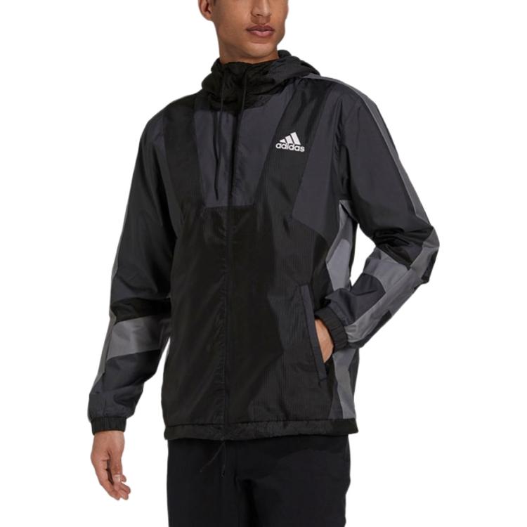 Men's adidas Logo Printing Drawstring Hooded Zipper Sports Jacket Black H31442