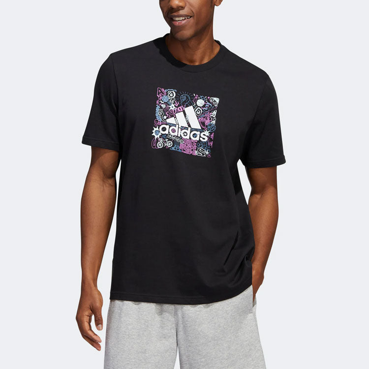 Men's adidas Cartoon Graffiti Alphabet Logo Pattern Printing Round Neck Short Sleeve Black T-Shirt IB9427