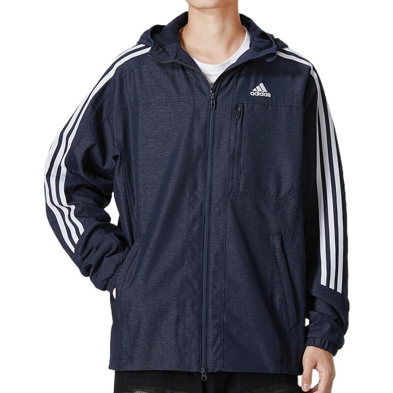 Men's adidas Classic Logo Printing Zipper Hooded Jacket Navy Blue HM2721