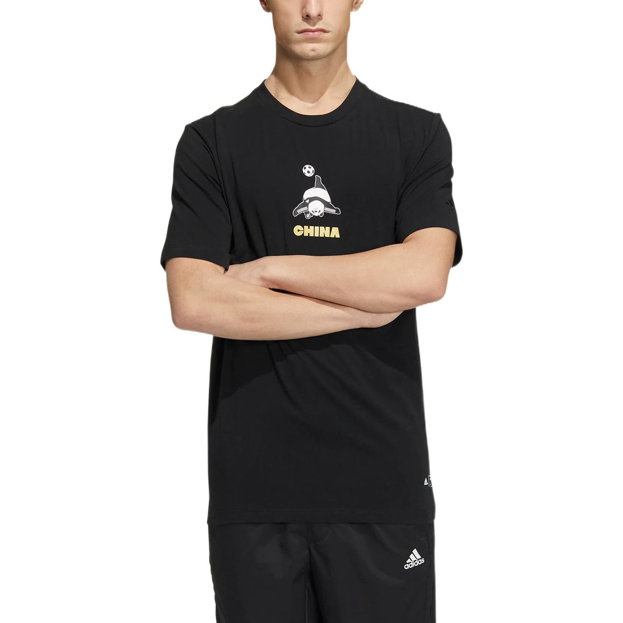 Men's adidas Cartoon Panda Printing Round Neck Casual Short Sleeve Black T-Shirt HS4398