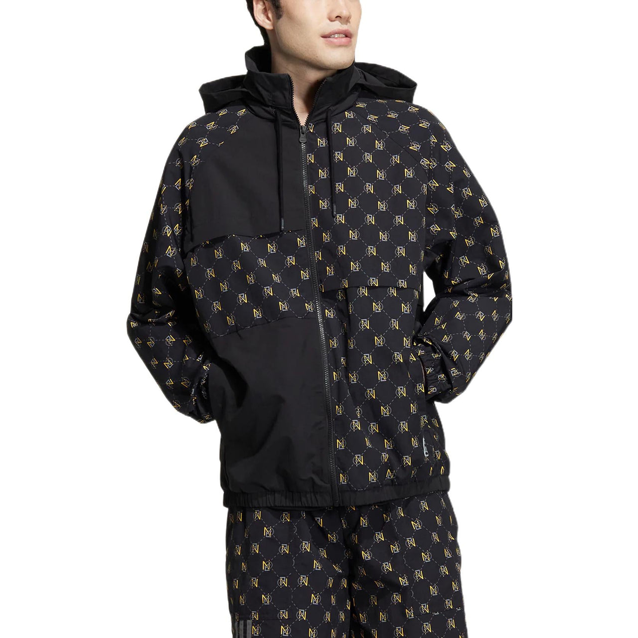 Men's adidas neo Monogram Wb 2 Full Print Pattern Zipper Stand Collar Jacket Black HM2038