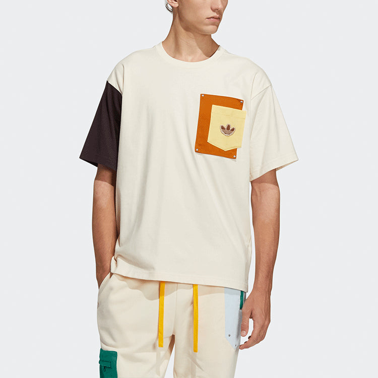 adidas originals Series Contrast Color Stitching Pocket Round Neck Short Sleeve Creamy White T-Shirt HC0343