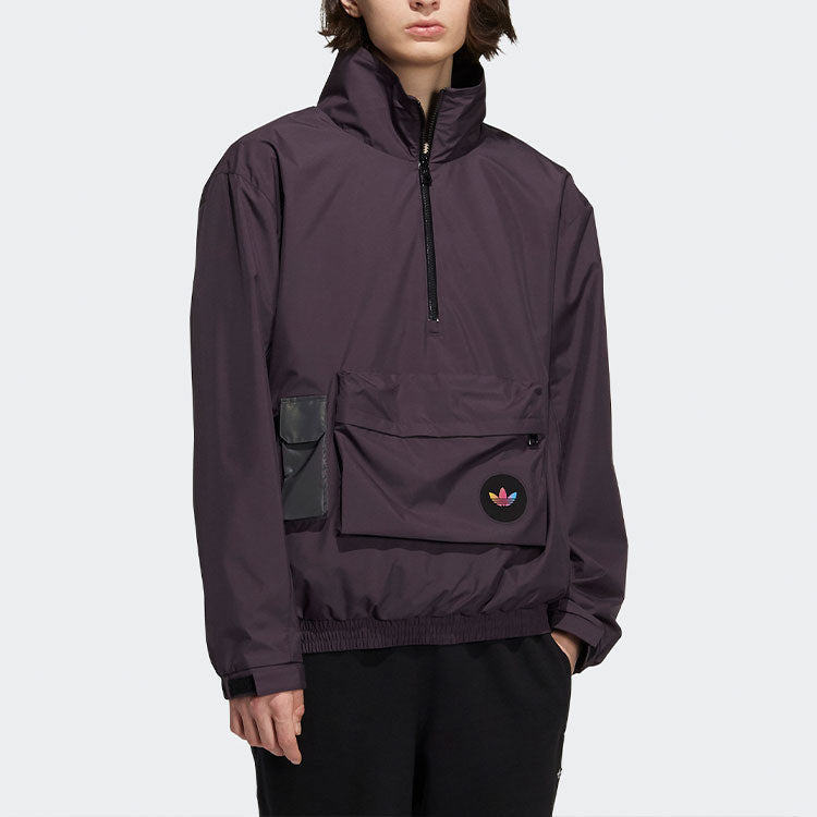 Men's adidas originals 3D Pocket Logo Outdoor Cardigan Woven Stand Collar Jacket Purple H58065