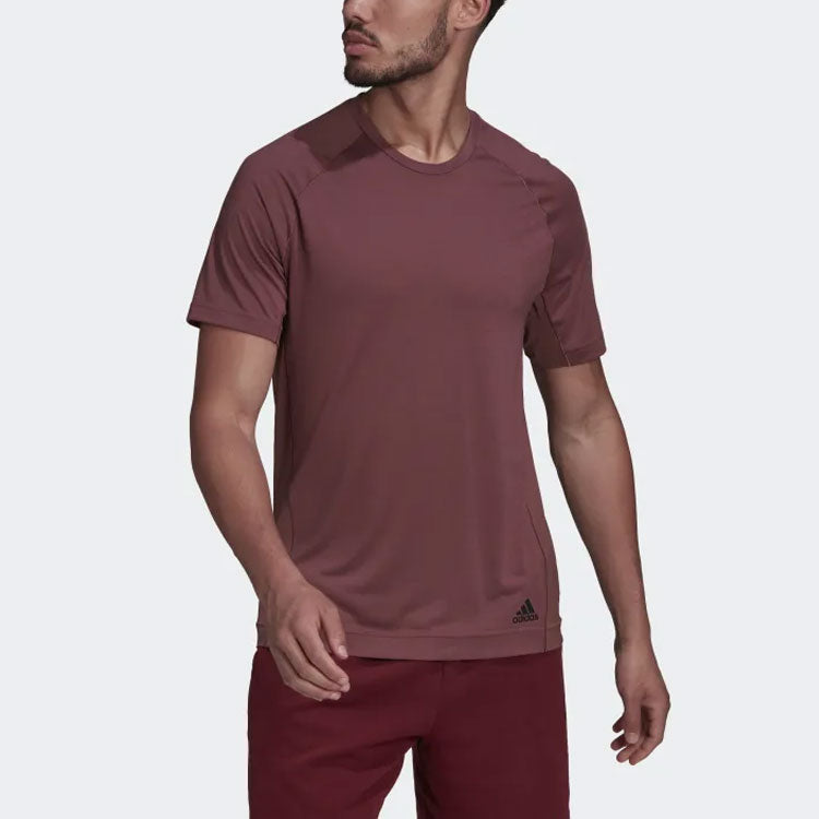 Men's adidas Solid Color Small Alphabet Logo Printing Round Neck Short Sleeve Wine Red T-Shirt HC2642