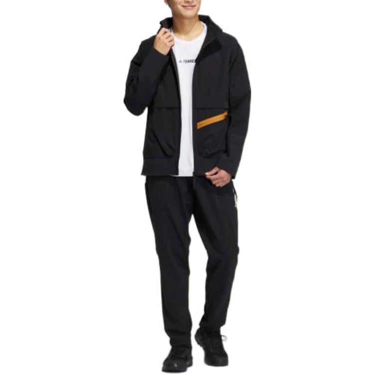 adidas Solid Color Logo Zipper Hooded Jacket Black HE5204