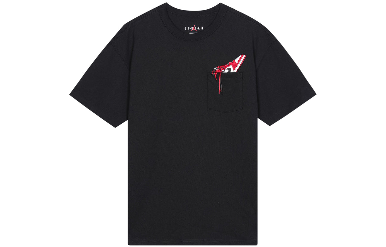 Men's Air Jordan 1 Pocket Shoes Embroidered Round Neck Short Sleeve Black T-Shirt DO1928-010