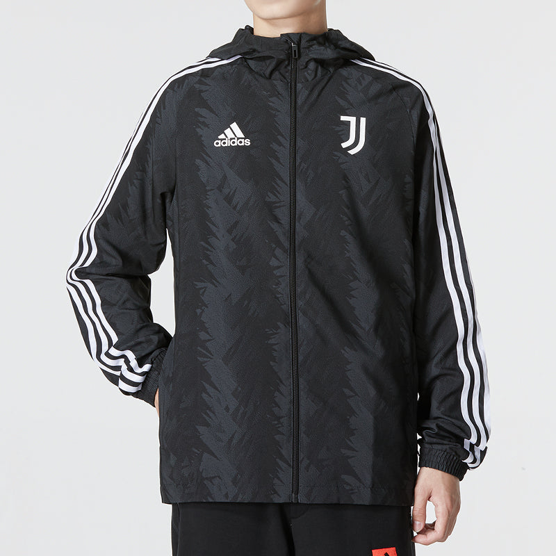 Men's adidas Printing Logo Stripe Zipper Hooded Jacket Black HD8867