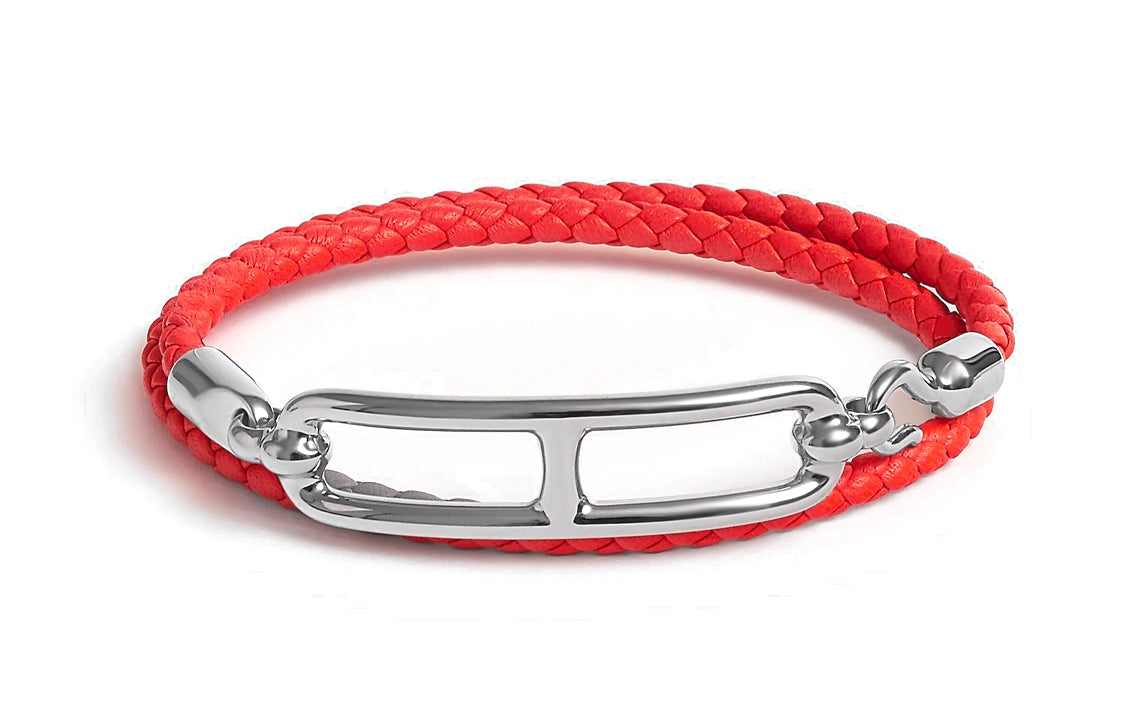 HERMES Calfskin, Palladium Plated Bangles Women's Red