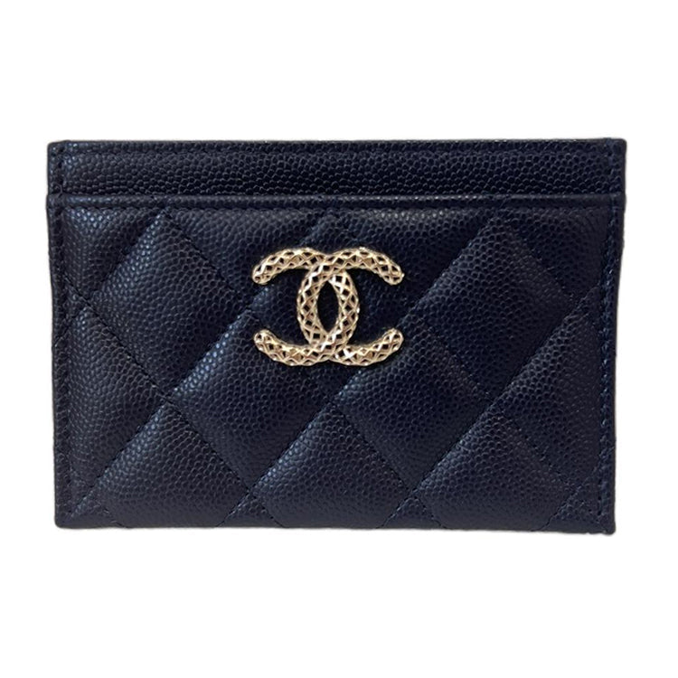 CHANEL Embossed Shiny Calfskin Card Holder Small Size Women's Blue