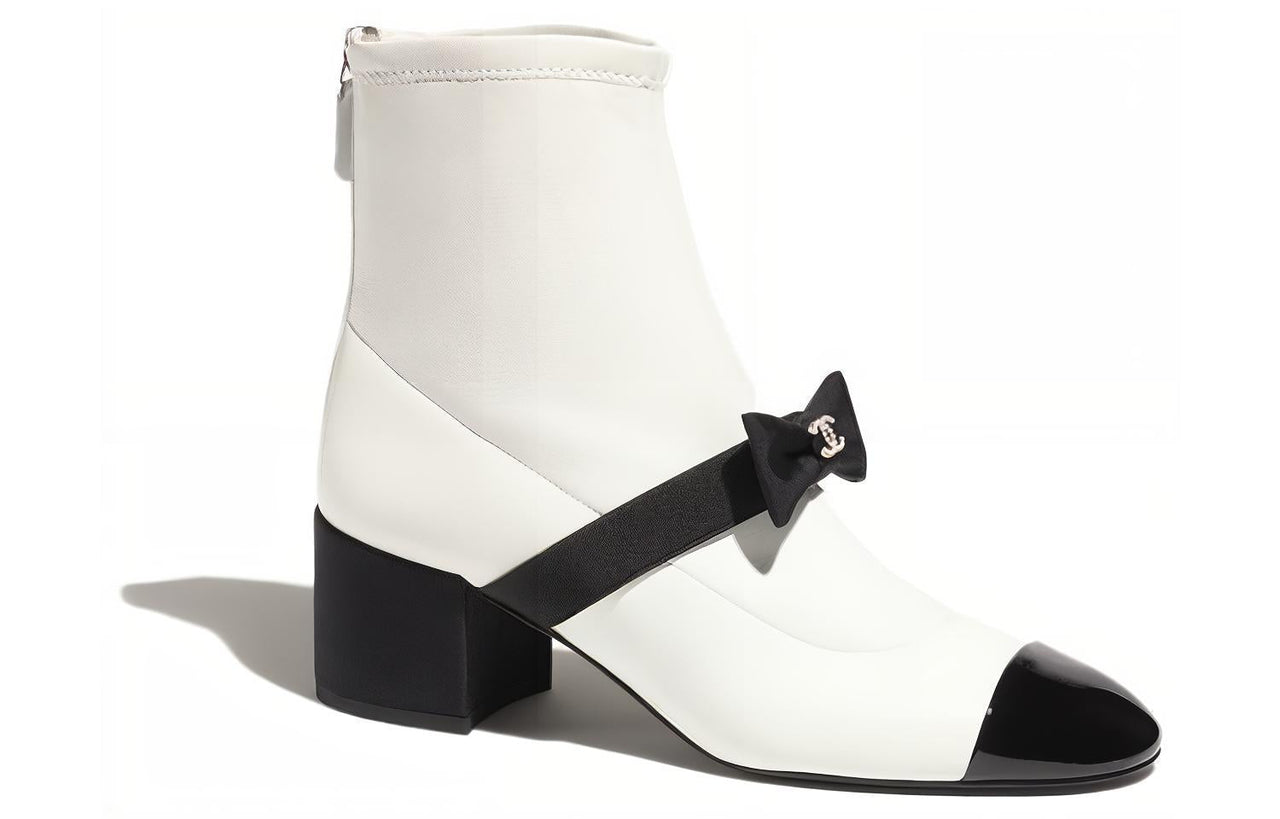 CHANEL 55mm Bow Ankle Boots White Stretch Lambskin Women's