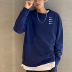 Men's Nike French Terry Swoosh 4 Embroidered Round Neck Sports Pullover Autumn Navy Blue DB9408-451