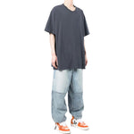 Men's Off-White Stripe Printing Short Sleeve Loose Fit Navy Blue T-Shirt OMAA038S22JER0024646