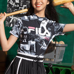 (WMNS) Fila FUSION Small High Collar Full Print Baseball Short Sleeve Black T-Shirt T11W122201F-BK