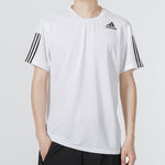 adidas Solid Color Stripe Logo Micro Mark Athleisure Casual Sports Round Neck Short Sleeve White H16877