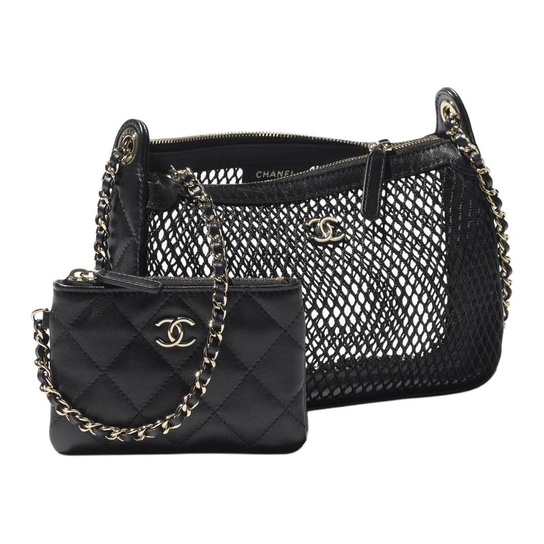 CHANEL Fishnet With Bright Lambskin Clutch Shoulder Bag Women's Black