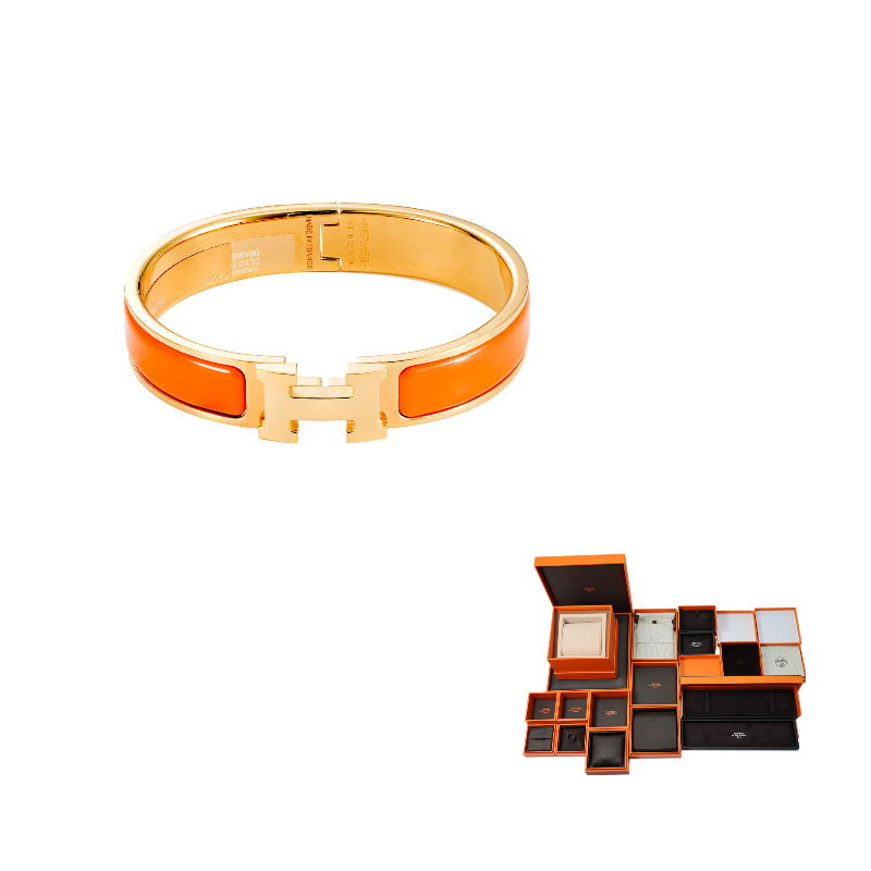 HERMES Enamel Bangles Unisex Orange Gold