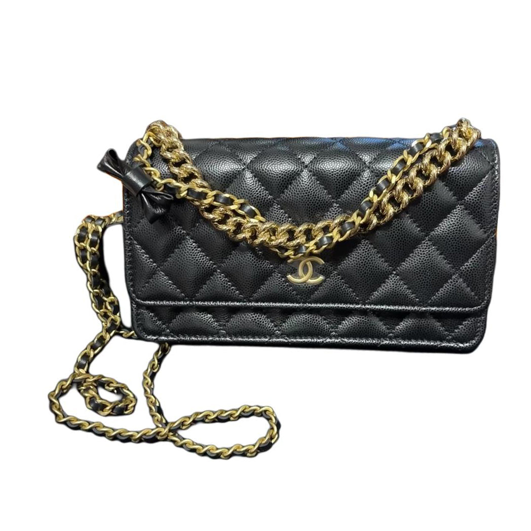 CHANEL WOC Litchi Cow Leather One Shoulder Crossbody Double Layer Trunk Bag Women's Black