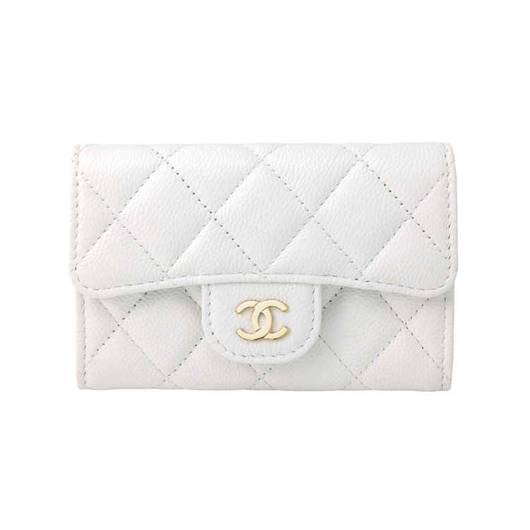 CHANEL Shiny Grain Embossed Calfskin Card Holder Women's White