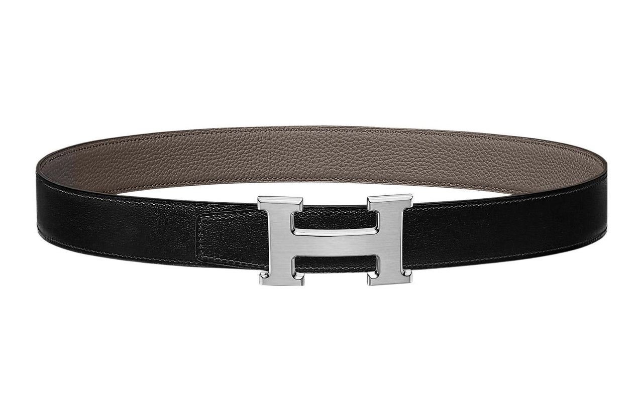 HERMES Individual Silver Buckle Togo Calfskin Double Sided Leather Belt Women's Black/Dark Gray Width 3.2CM
