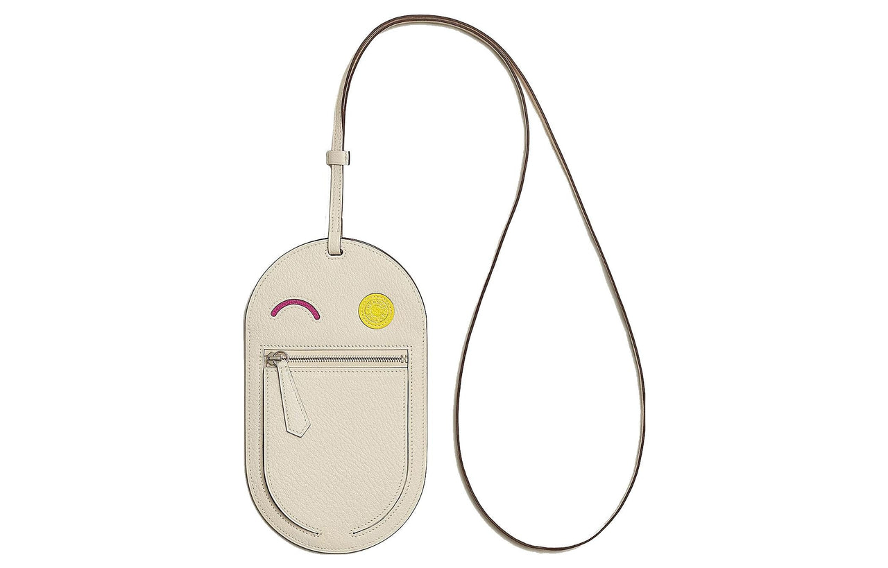 HERMES In The Loop Mysore Goat Skin Pig Nose Cell Phone Pouch Large Size Women's Cream White/Woodland Pink/Lemon