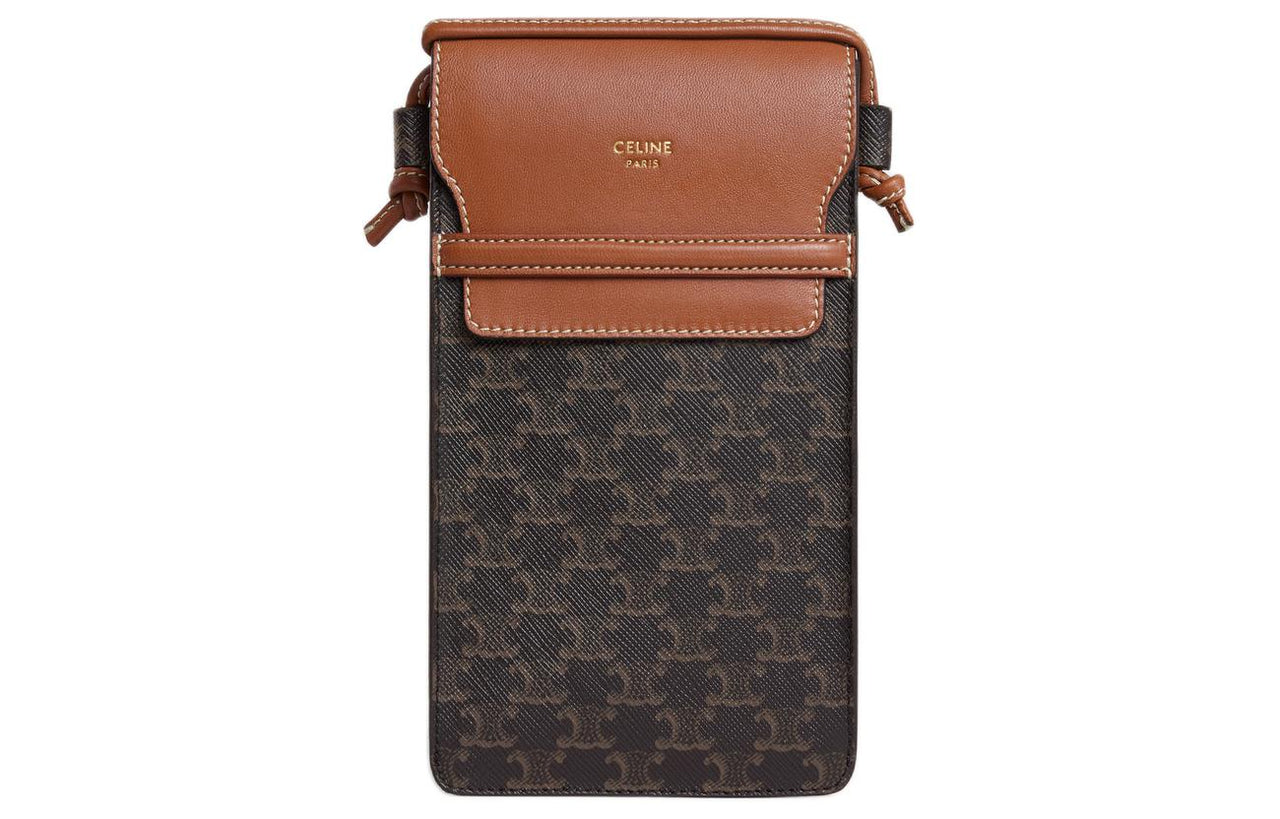 CELINE Canvas With Sheepskin Trim Shoulder Bag Crossbody Bag Cell Phone Pouch Women's Tawny