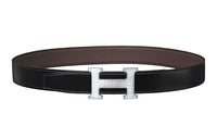 HERMES Calfskin Leather Belts Men's Black Width: 3.2CM