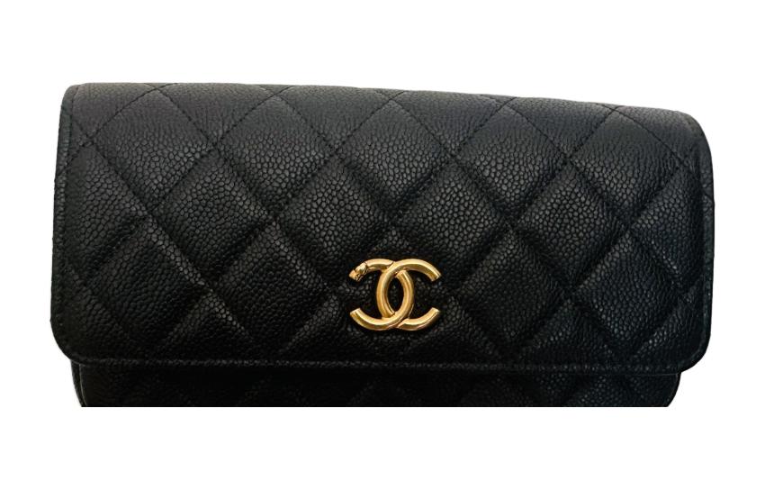 CHANEL Grained Cow Leather Chain Cell Phone Pouch Small Size Women's Black