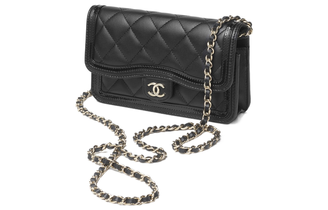 CHANEL Lambskin Patent Leather Calfskin Crossbody Bag Shoulder Bag Women's Black