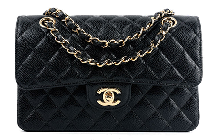 CHANEL Classic Double Flap Quilted Caviar Gold-tone Small Black