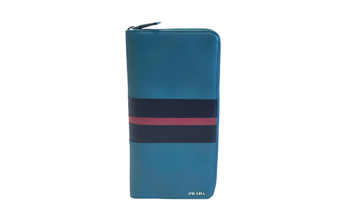 PRADA Cross Grain Cow Leather Long Wallet Clutch Large Size Men's Jasper+Black/Red Stripes