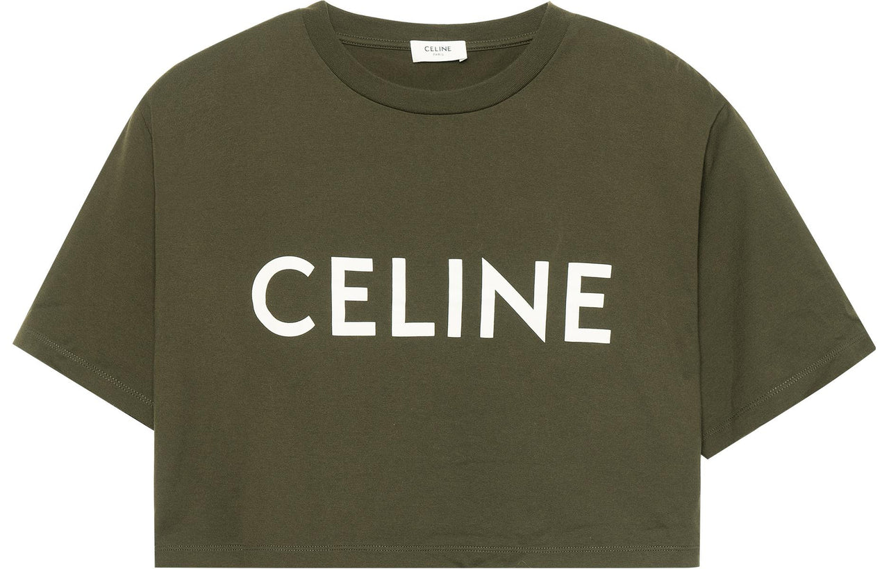 CELINE SS22 Women's Logo Jersey Cropped Crewneck T-Shirt 'Deep Khaki'