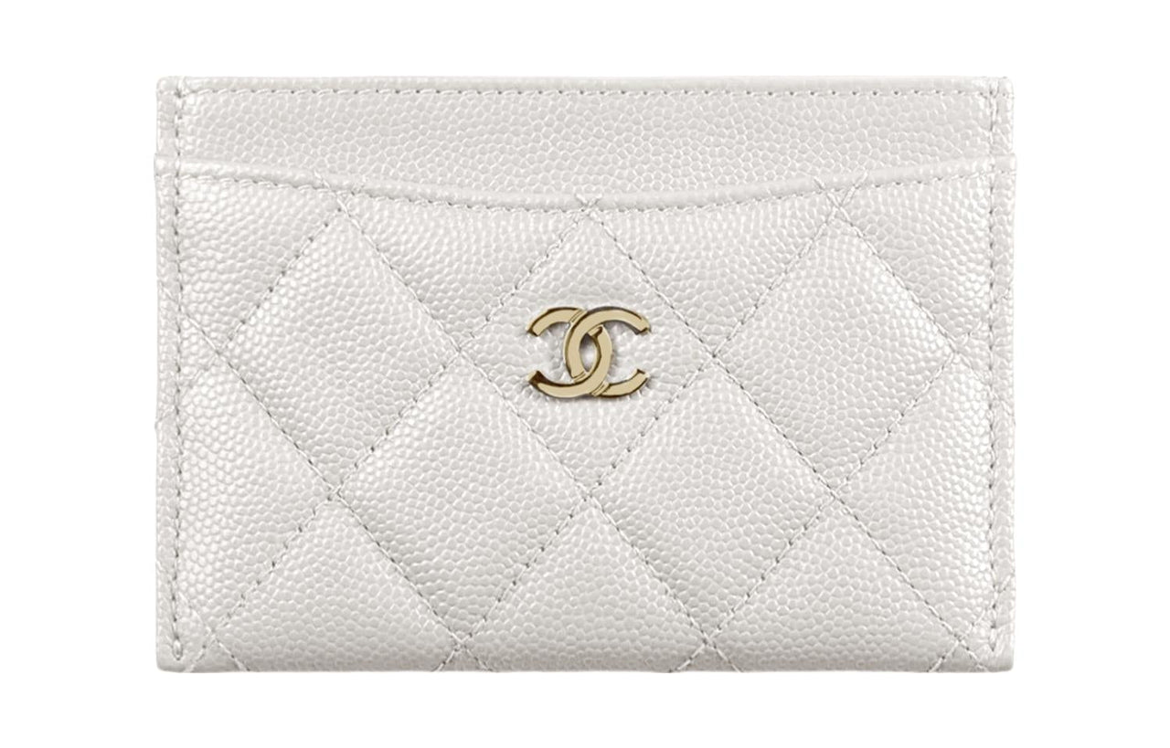 CHANEL Grain Calfskin Coin Purse, Card Holder Regular Women's White