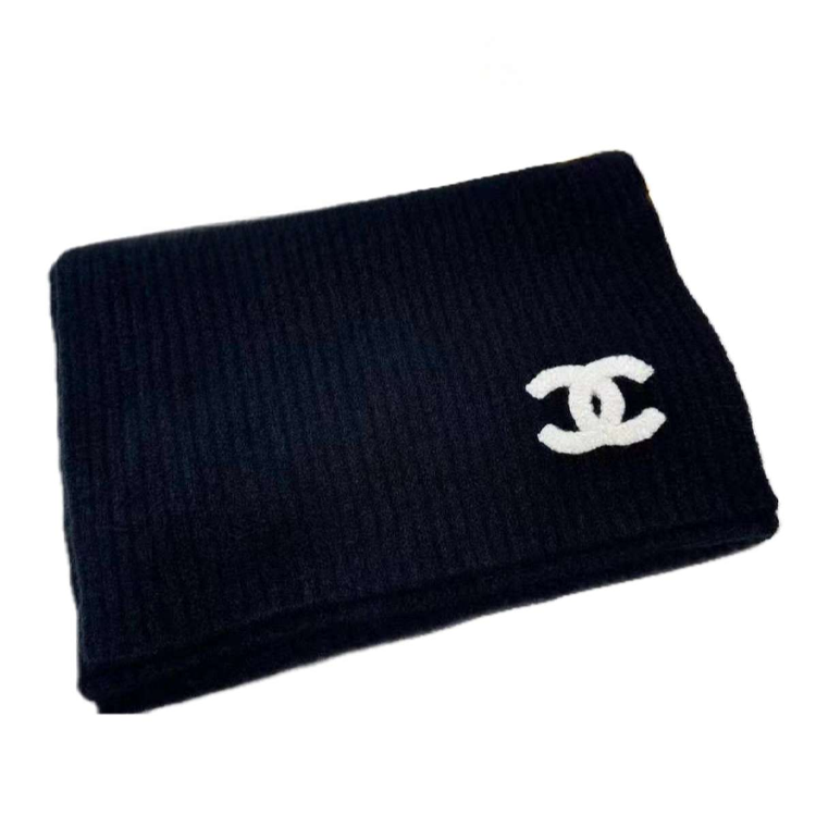 CHANEL Cashmere Mulberry Silk Elastane Knit Scarves Women's Black