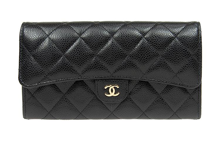 CHANEL Beaded Embossed Calfskin With Metal Accents Card Holder Wallet Women's Black