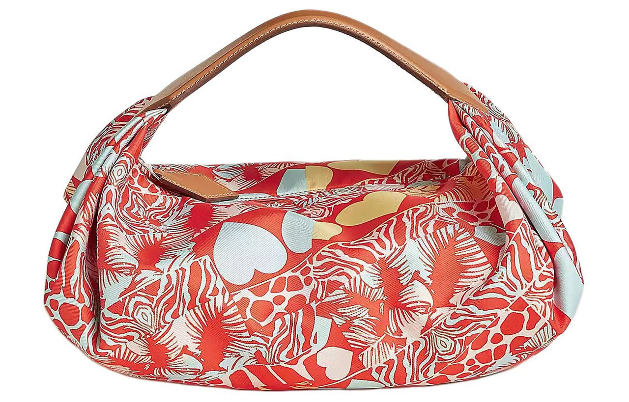 HERMES Balusoie Silk With Hunter Cow Leather Lunch Bag Handbag Women's Orange Red & Andon Blue & Natural