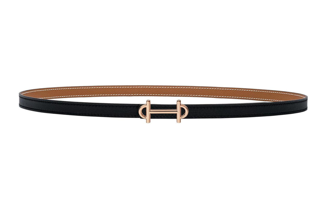 HERMES Double-Sided Gamma Gold Buckle Epsom Calfskin Double-Sided Leather Belt Women's Black Width: 1.3cm