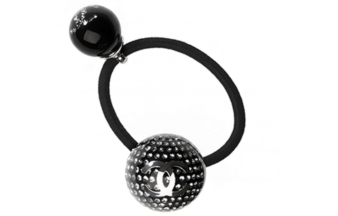 CHANEL Metal Resin Rhinestone Elastane Hair Tie Women's Black