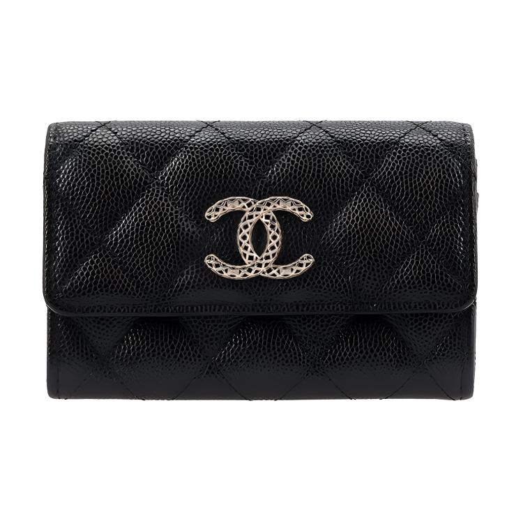 CHANEL Litchi Grain Cow Leather Coin Purses Card Holders Regular Women's Black