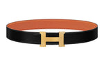 HERMES Calfskin Double-Sided Leather Leather Belts Men's Black/Orange Width: 3.8cm