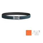 HERMES Togo Calfskin Double-Sided Leather Belt Unisex Black/Prussian Blue Width: 3.2cm