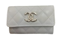 CHANEL Litchi Cow Leather Card Holder Women's Gray