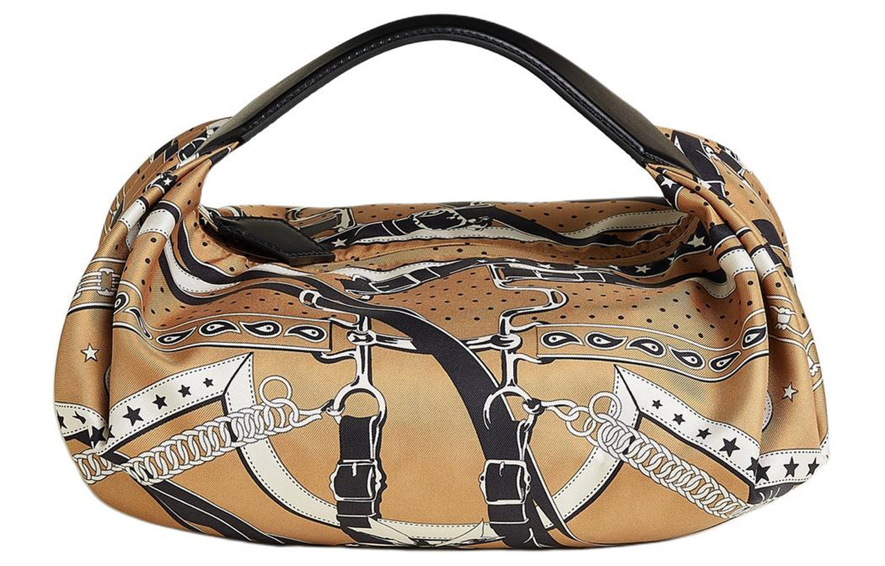 HERMES Balusoie Silk With Hunter Cow Leather Lunch Bag Handbag Women's Cookie & Black