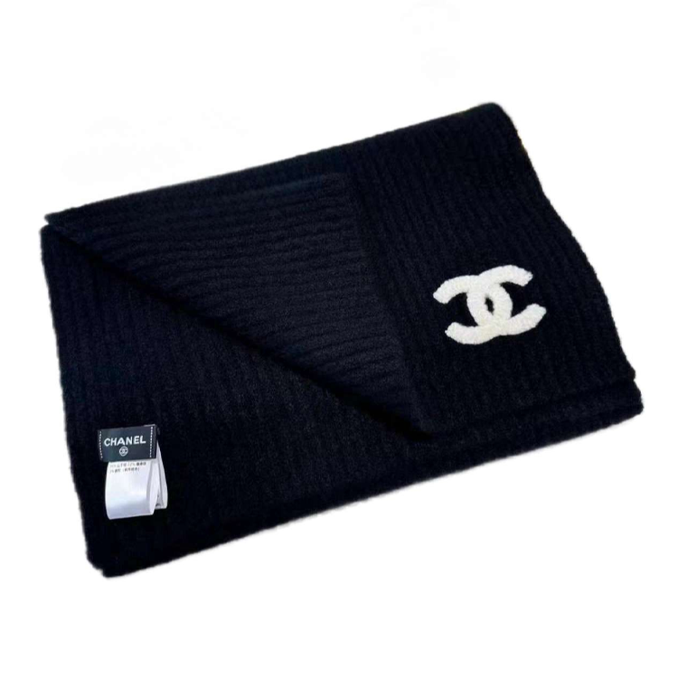 CHANEL Cashmere Mulberry Silk Elastane Knit Scarves Women's Black